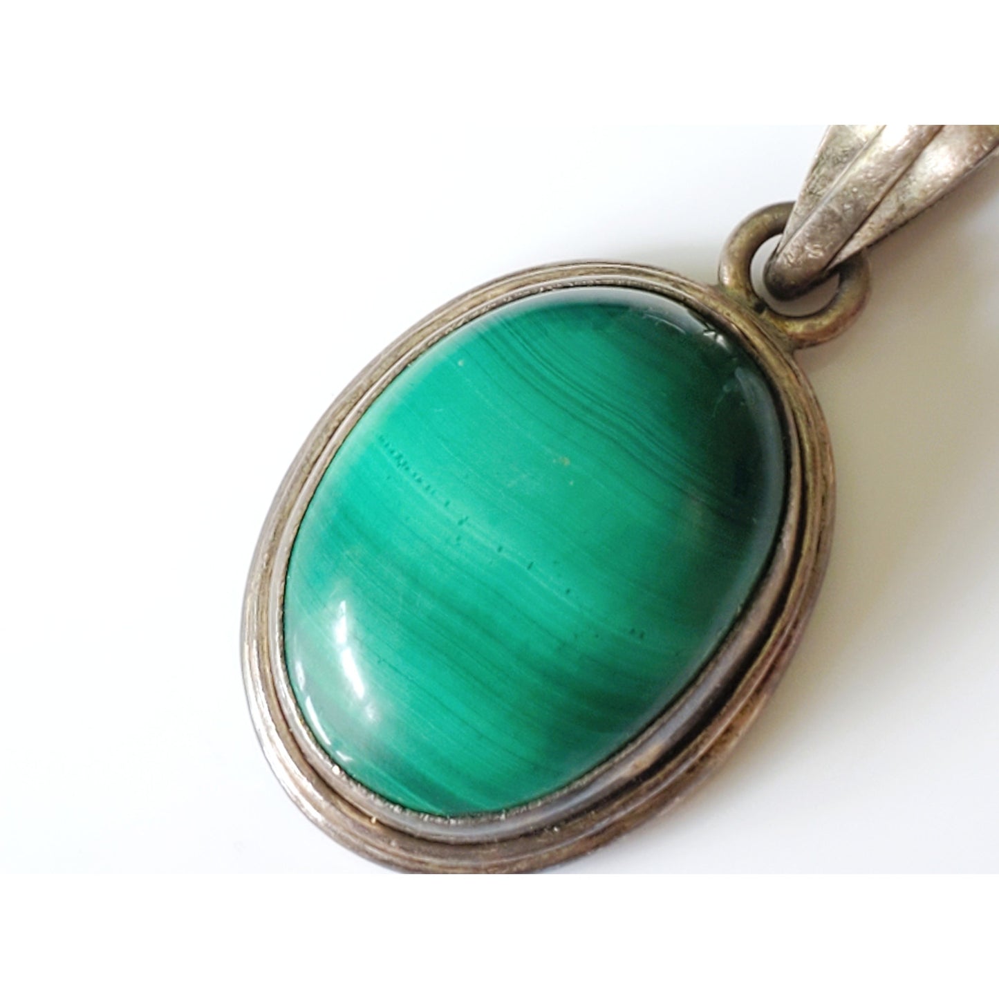 Vintage Sterling Silver Oval Malachite Pendant
