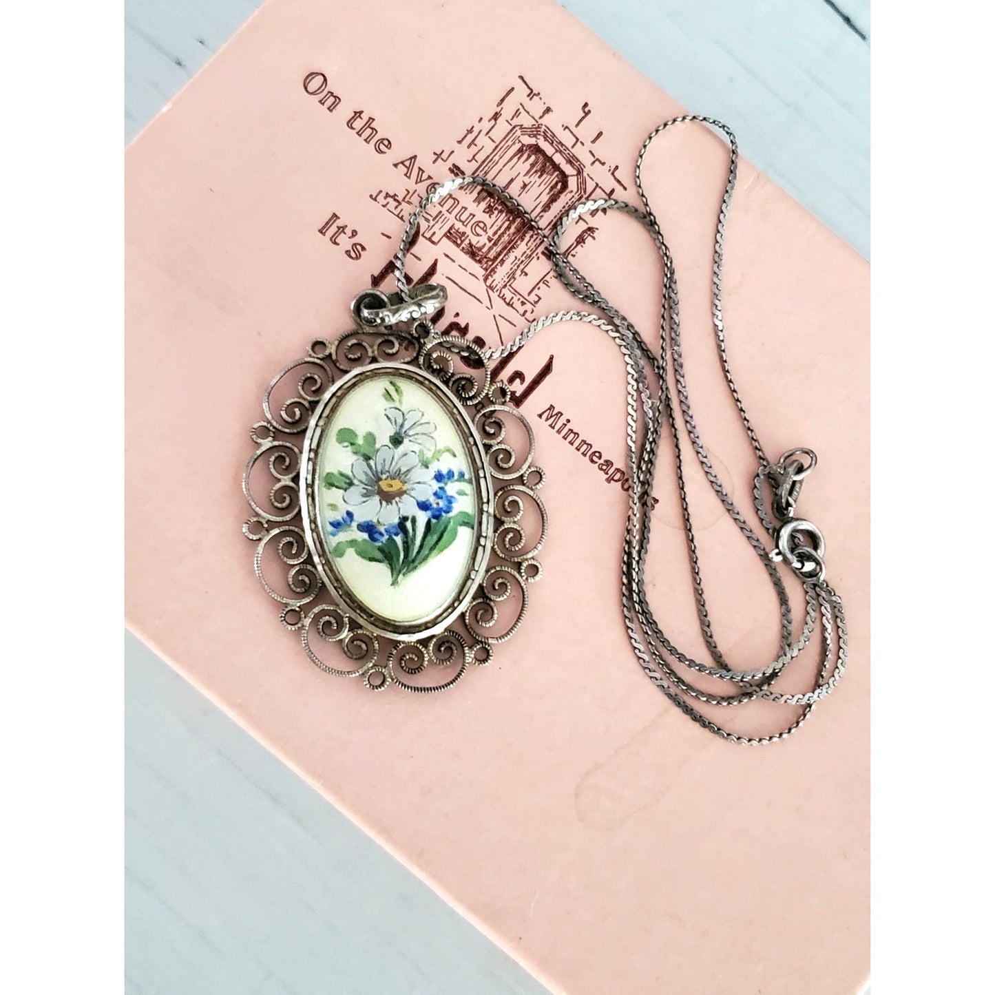 Vintage Sterling Silver Porcelain Floral Pendant Necklace