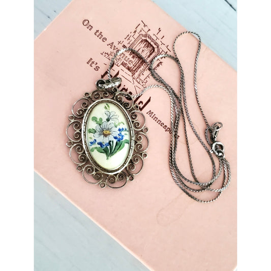 Vintage Sterling Silver Porcelain Floral Pendant Necklace