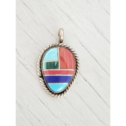 Vintage Sterling Silver NA Inlay Turquoise Coral Malachite Lapis Pendant