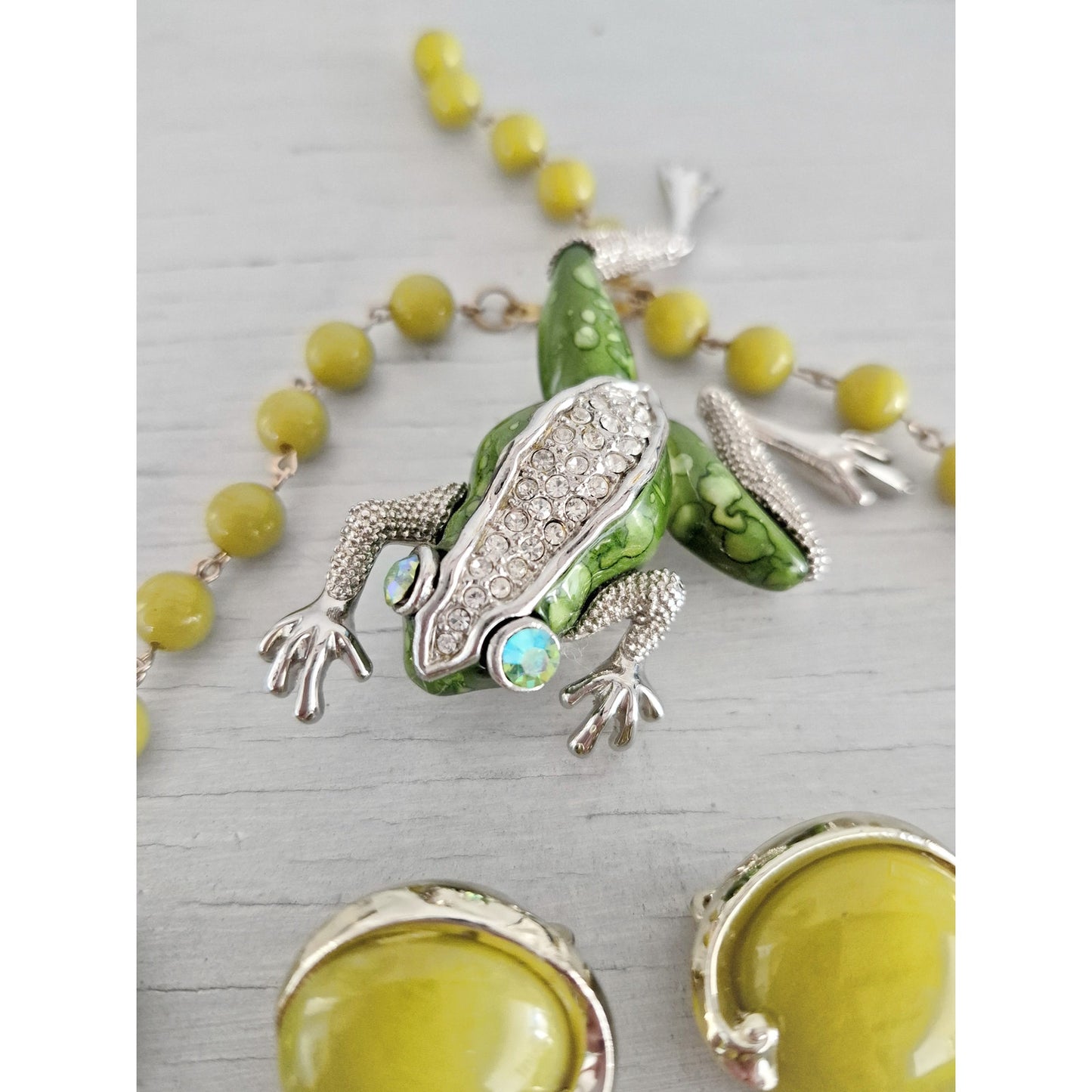 Vintage Mid-Century Green Necklace Earring and Frog Brooch Set