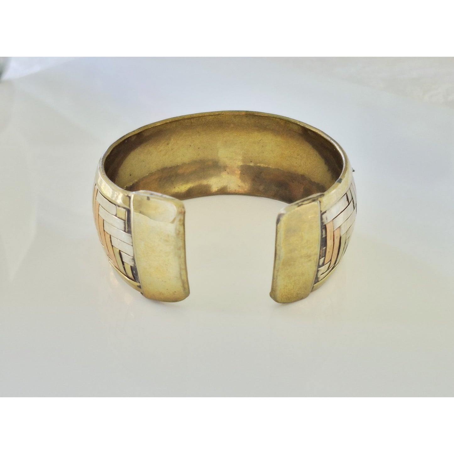 Vintage Brass Copper Sterling Silver Inter Woven Bangle Bracelet