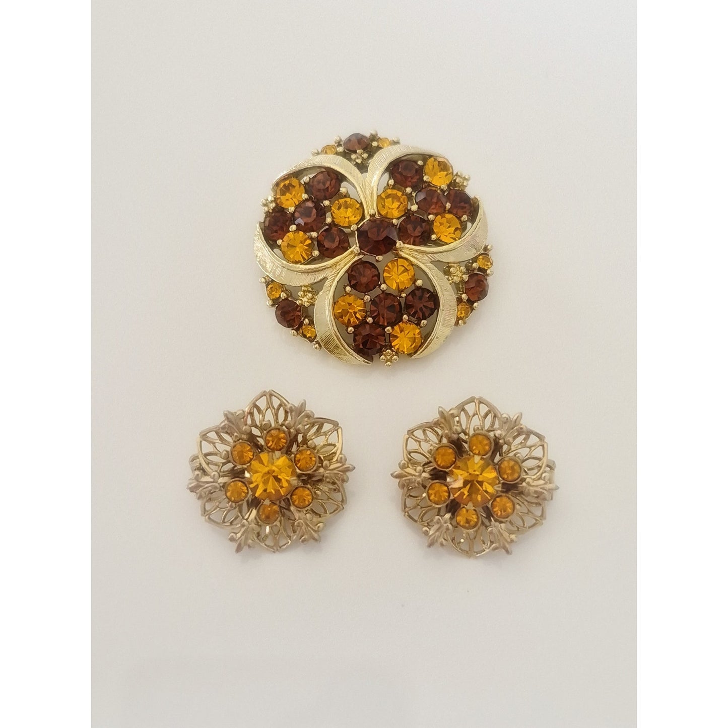 Vintage MCM Amber and Brown Rhinestone Brooch and Earring Set