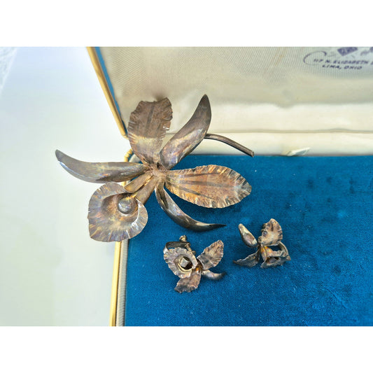 Vintage Sterling Silver Orchid Corsage Brooch and Earring Set