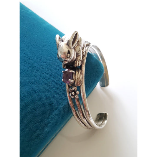 Vintage Sterling Silver Bunny Rabbit Amethyst Cuff Bracelet