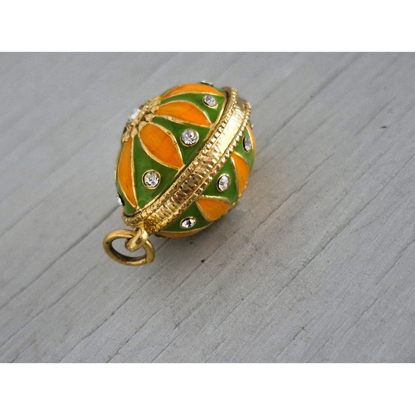 Vintage Green and Yellow Gold Tone Enamel Egg Pendant