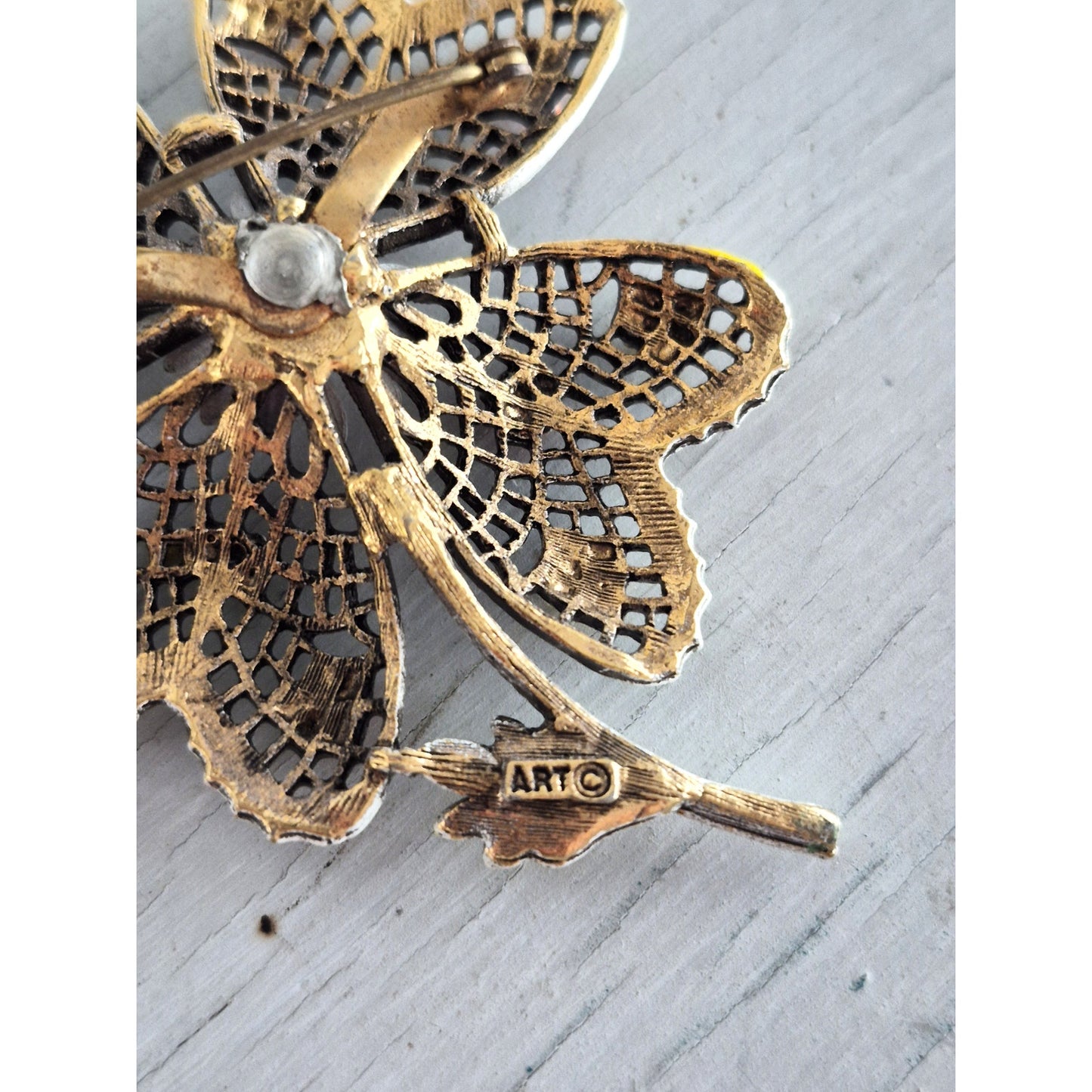 Vintage Art Pepper White Metal Enamel Sunflower Brooch Set