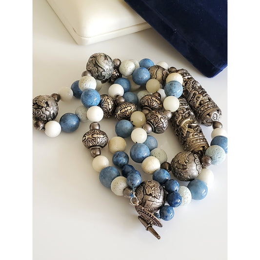 Vintage Blue, White and Silver Large Beaded Necklace