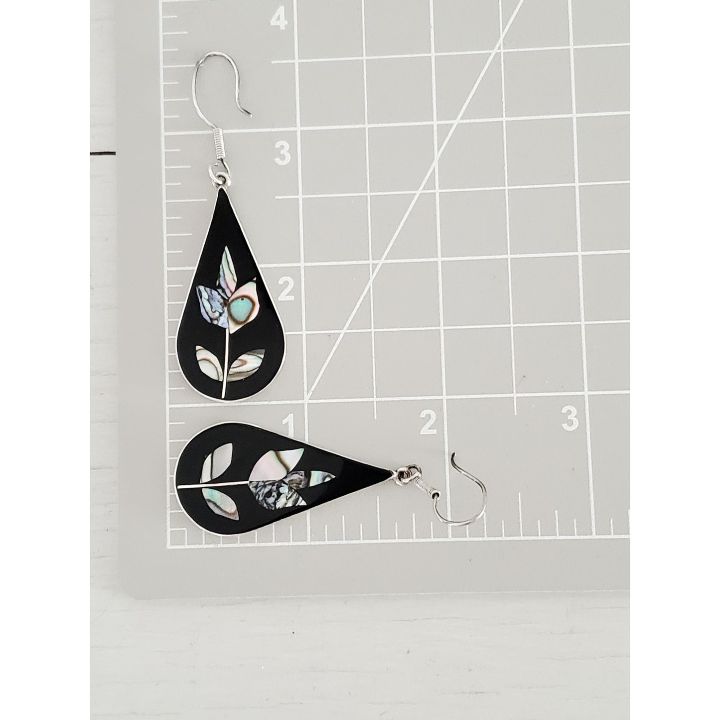 Vintage Sterling Silver Black Enamel & Abalone Shell Dangle Drop Earrings