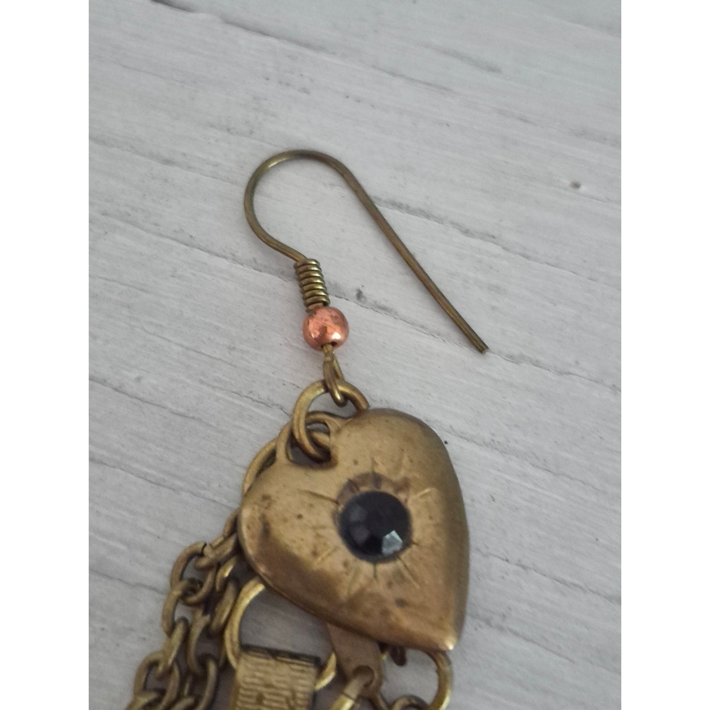 Vintage Victorian Style Brass Heart Charm Dangle Earrings