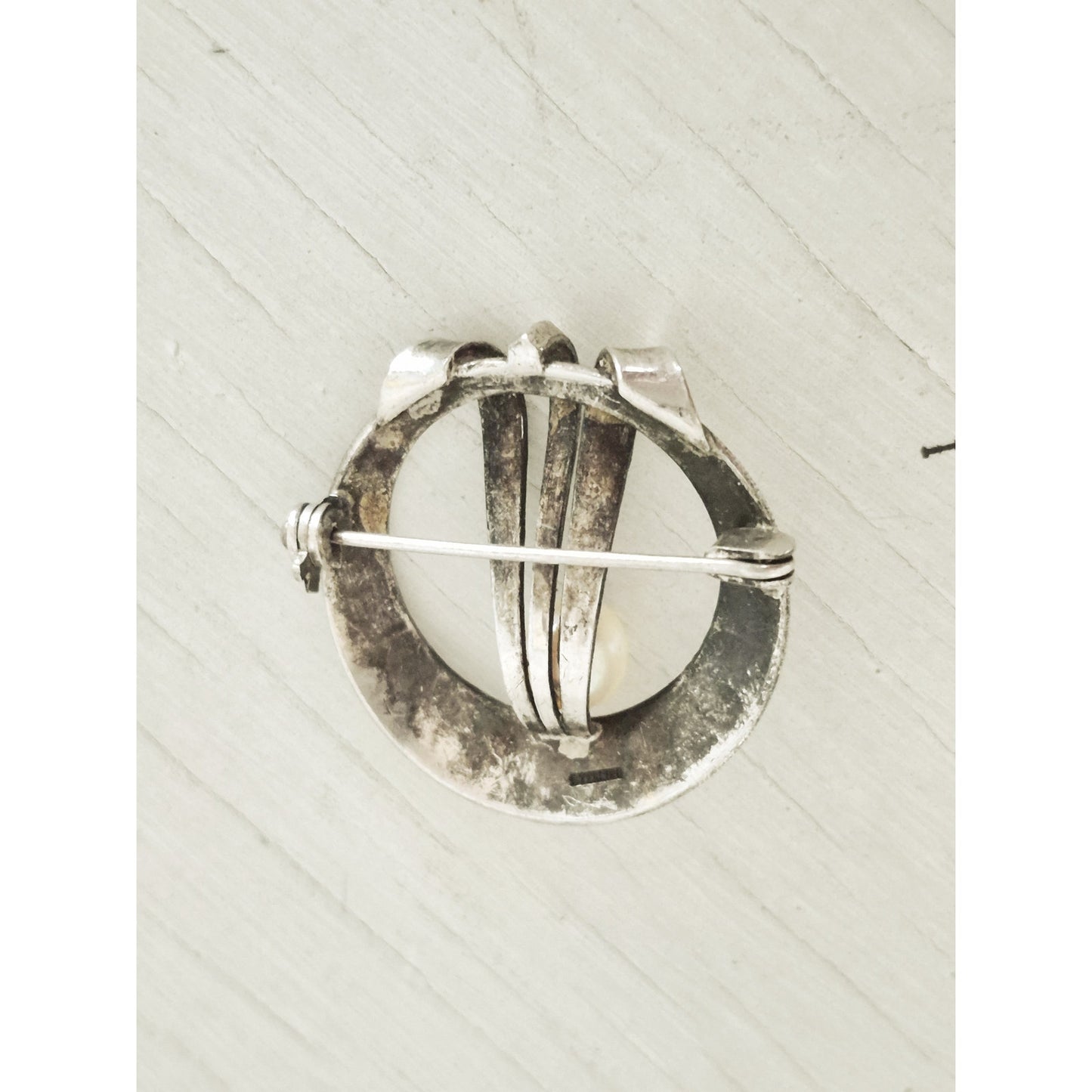 Vintage Round Etched Cultured Pearl Brooch