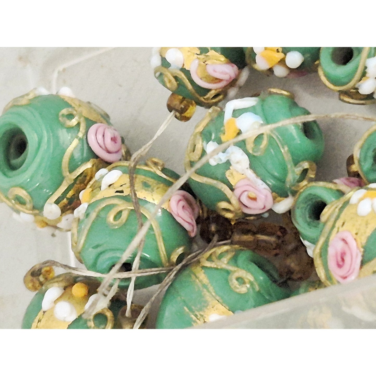 Vintage Light Green and Pink Hand Painted Italian Lamp work Beads