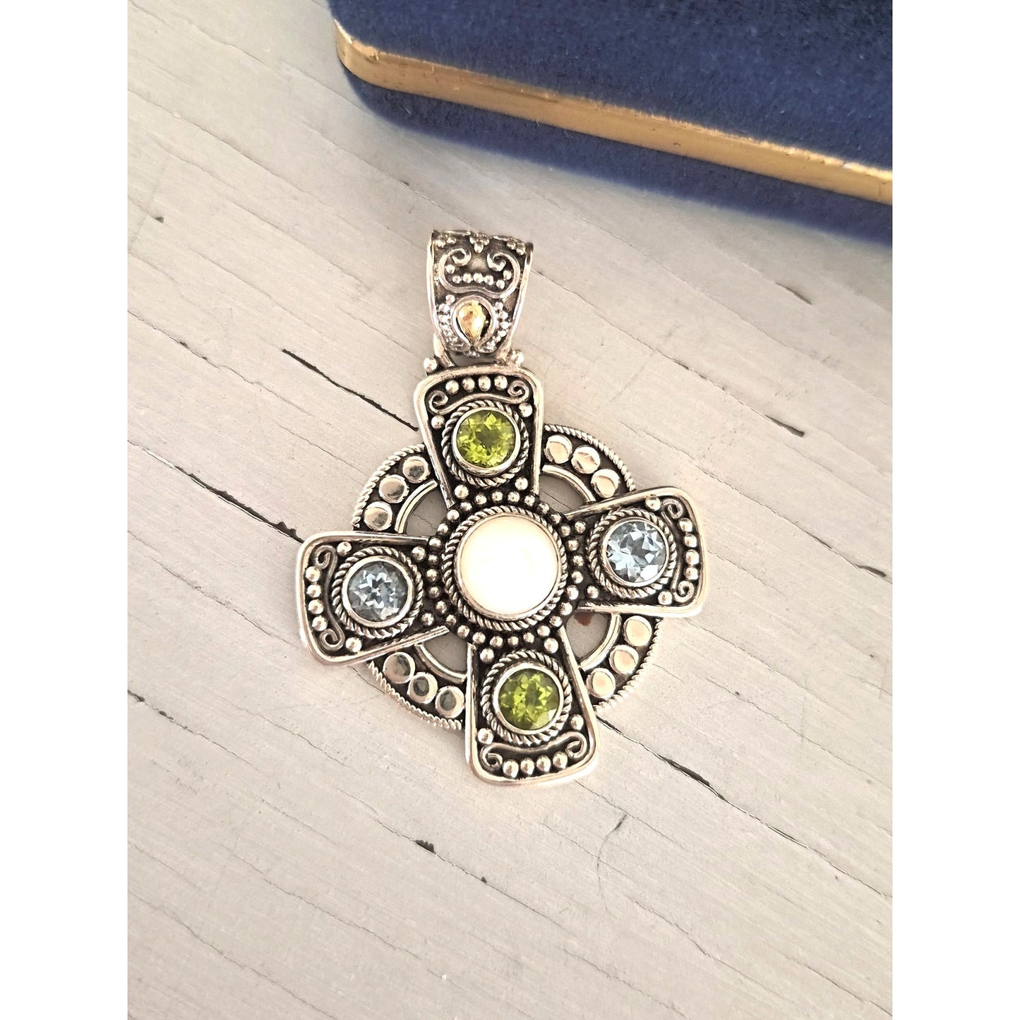 Vintage Sterling Silver 18K Gold Suarte Bali Peridot and Pearl Cross Pendant