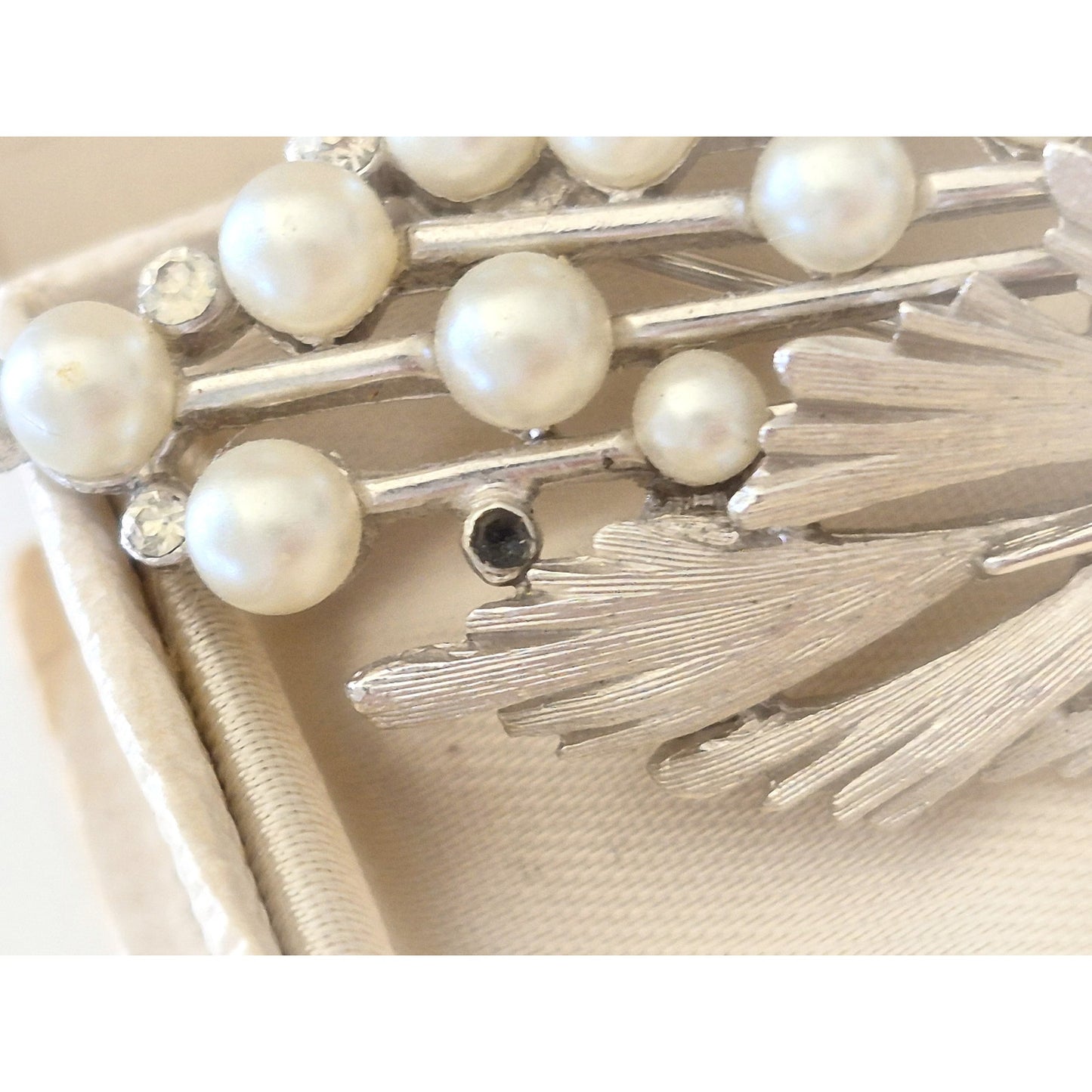 Vintage Mid-century Silver Leaf Faux Pearl Brooch