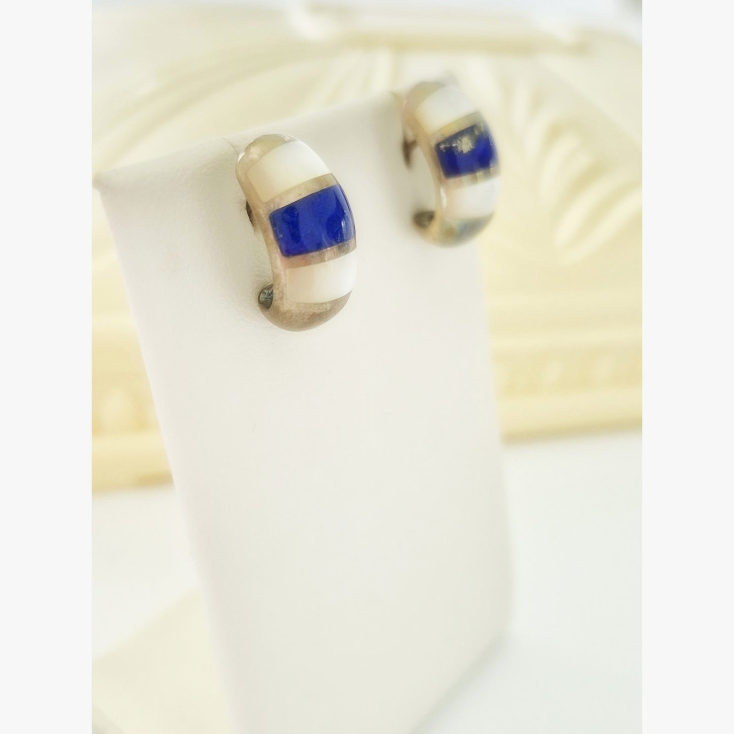 Vintage Sterling Silver Blue Enamel & Mother Of Pearl Huggie Earrings