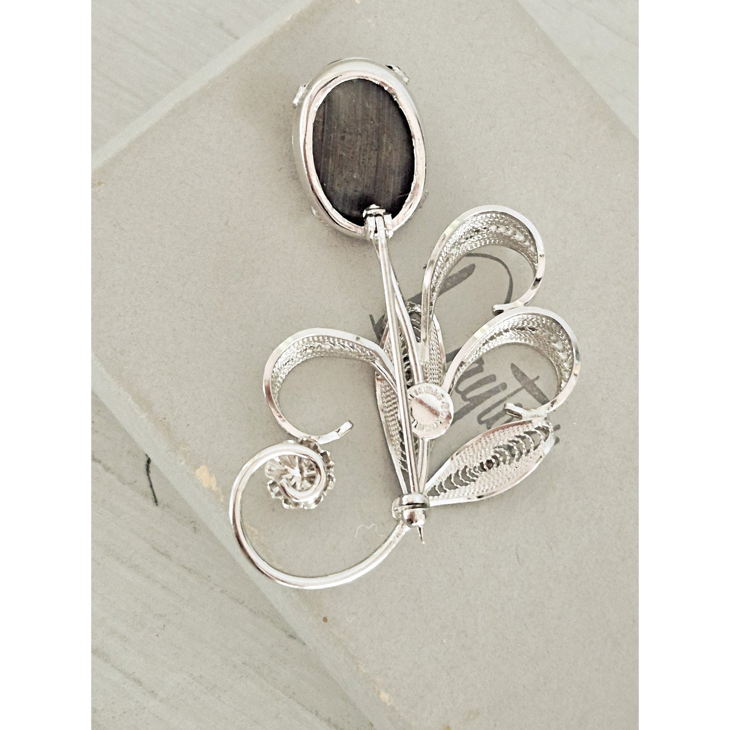 Vintage Sterling Silver Sorrento Designer Hematite Flower Filigree Brooch Pin