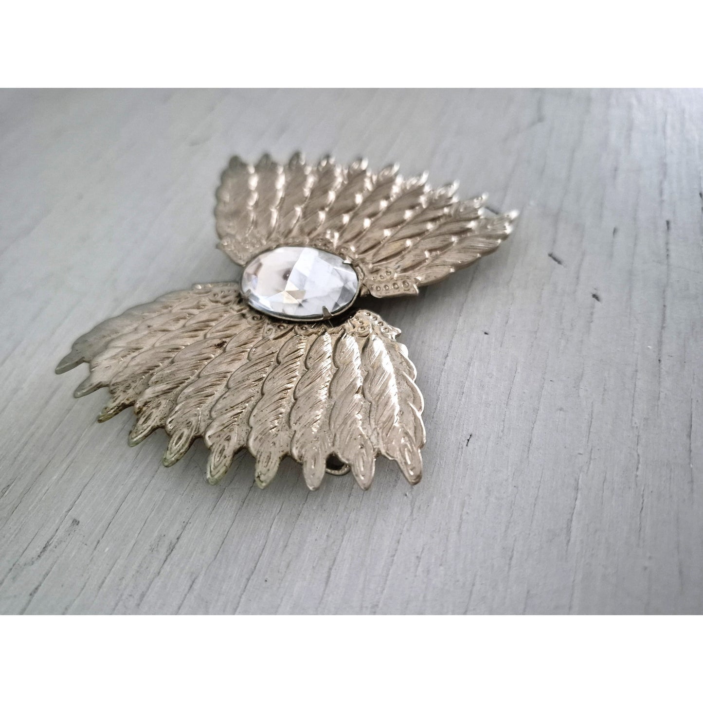 Vintage Silver Tone Angel Wing Rhinestone Belt Buckle