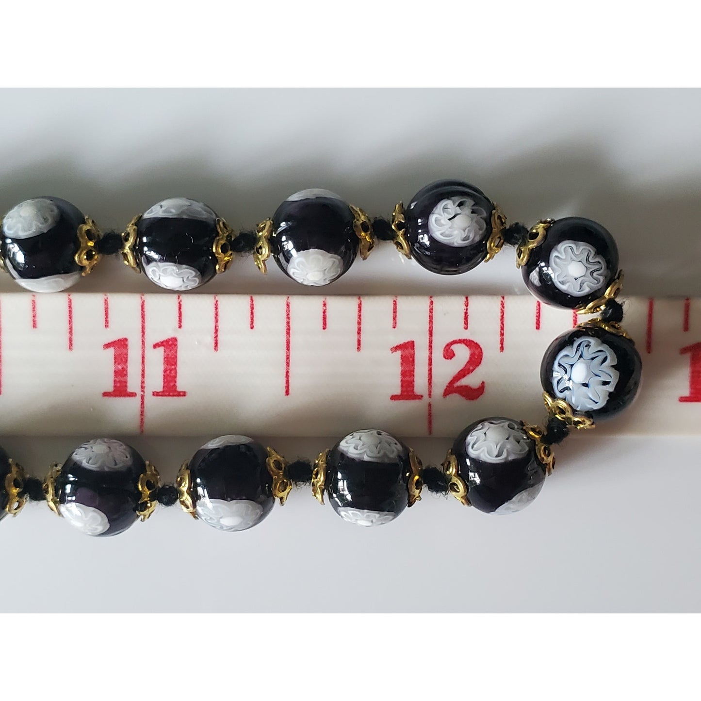 Vintage Black Glass Beaded and Hand Painted Venetian Necklace