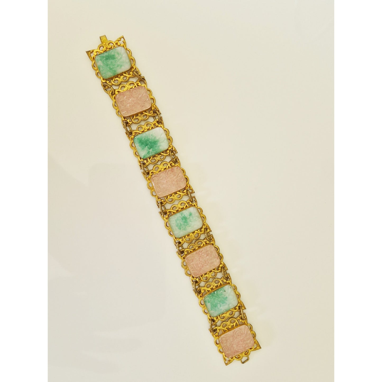 Vintage MCM Brass Faux Jade and Rose Quartz Filigree Panel Bracelet