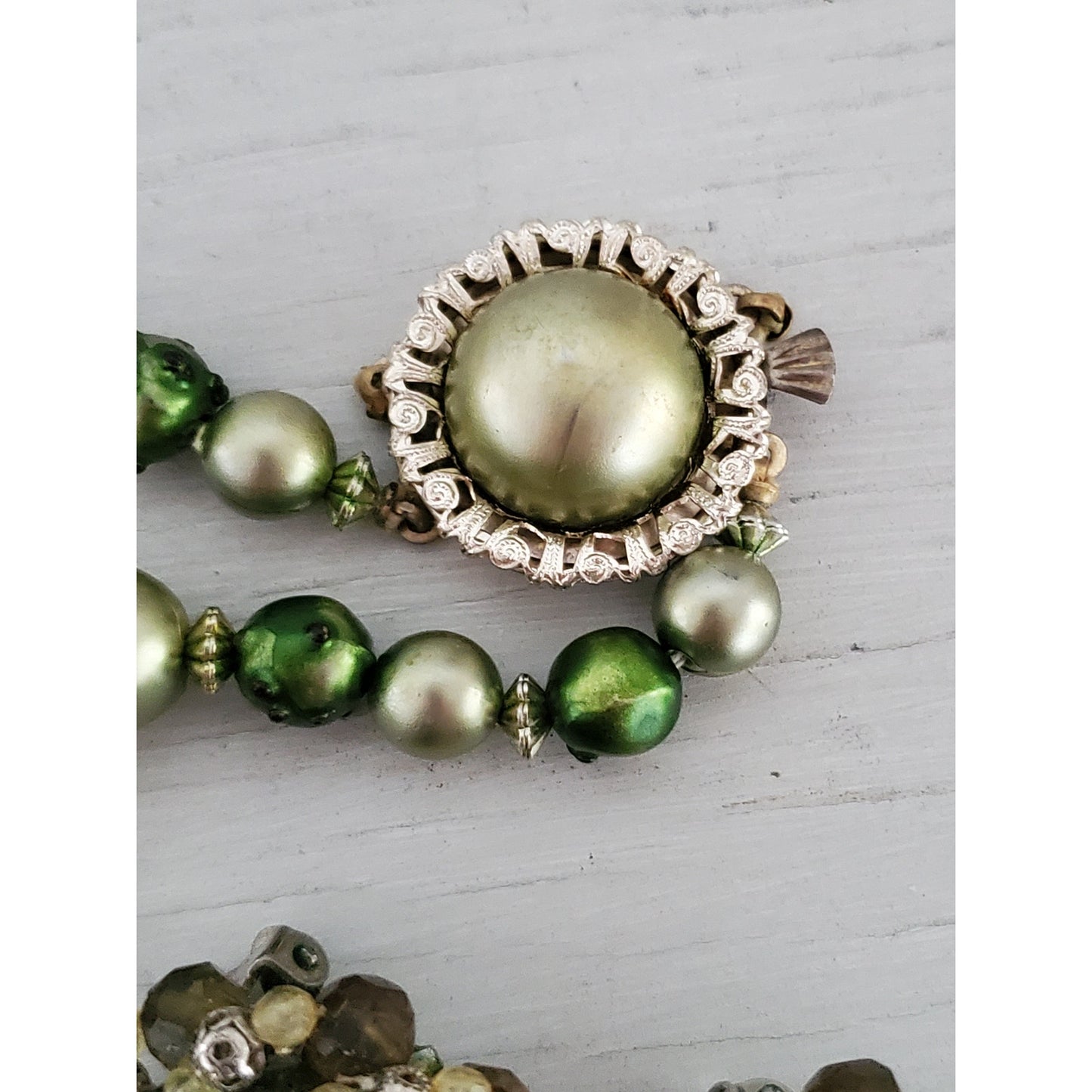 Vintage Green Tone Acrylic Beaded Hong Kong Necklace with Clip On Earrings