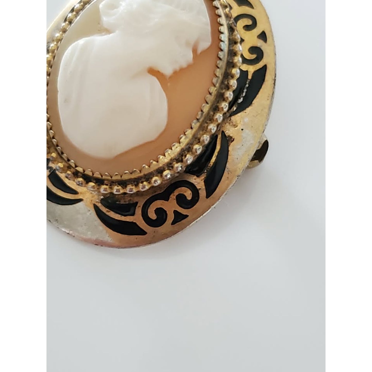 Vintage Victorian Lady Cameo Pin Brooch Plated with Black Enamel
