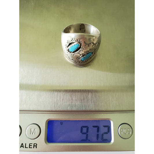 Vintage TJ Designer Native American Navajo Turquoise Sterling Silver Ring