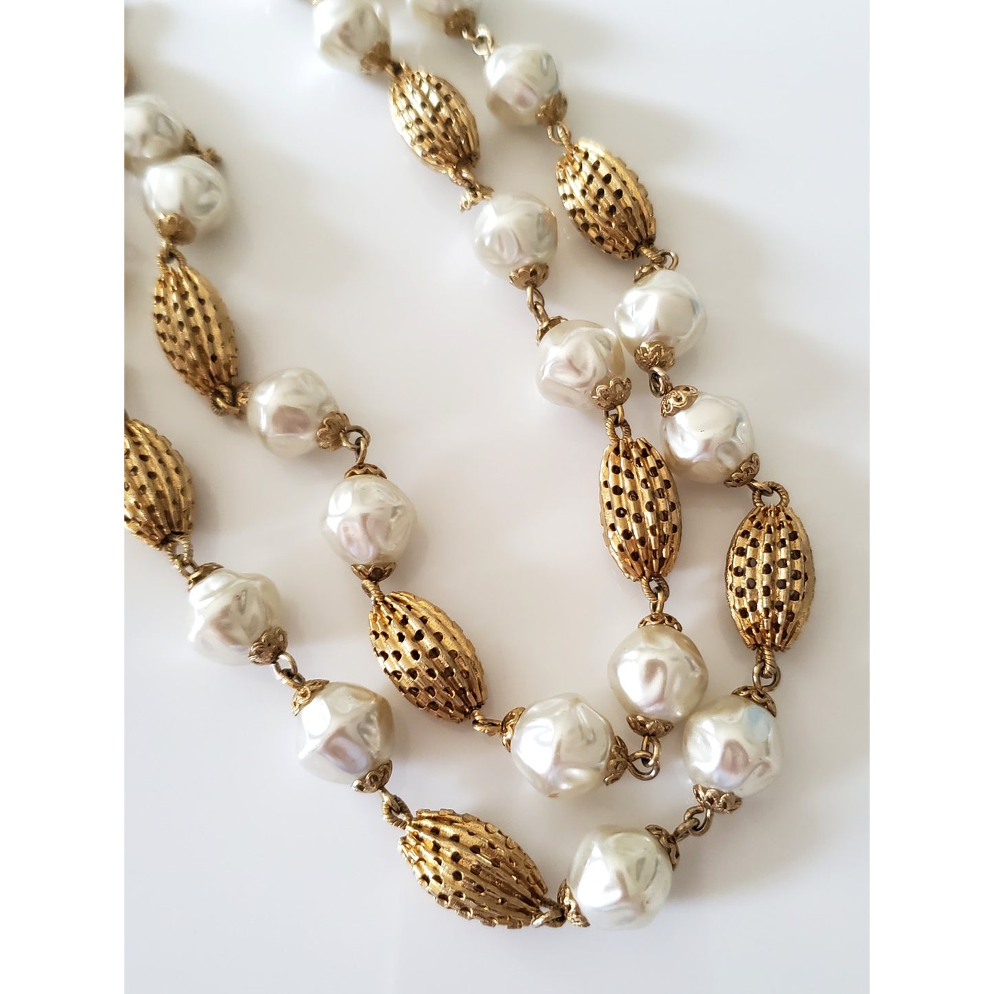 Vintage Double Strand Choker Faux Pearl and Gold Filigree Bead Necklace
