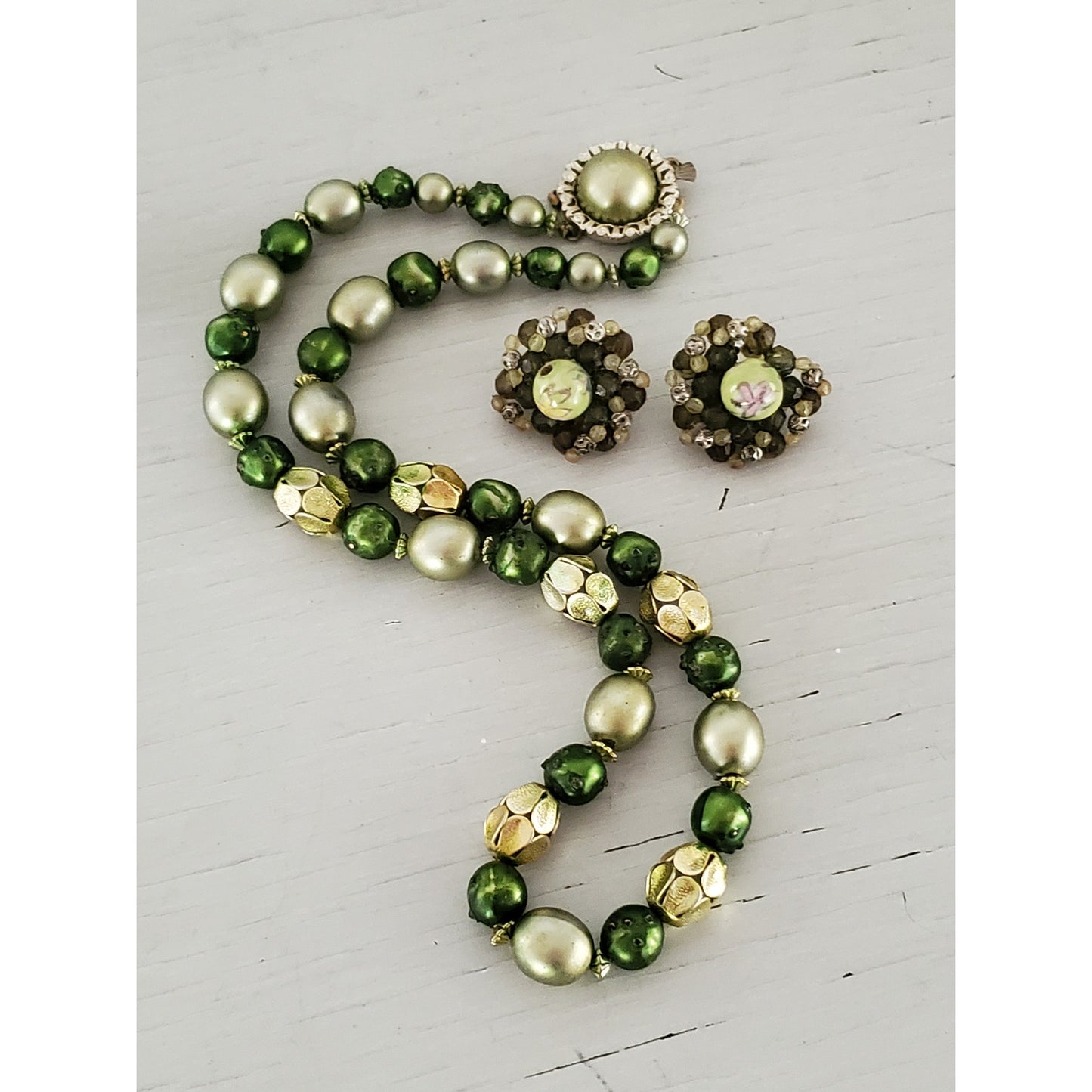 Vintage Green Tone Acrylic Beaded Hong Kong Necklace with Clip On Earrings