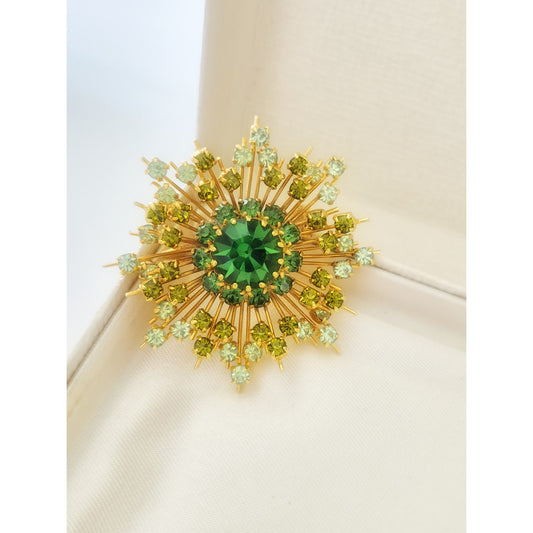 Vintage Mid-century Austria Green Ombre Crystal Rhinestone Starburst Brooch