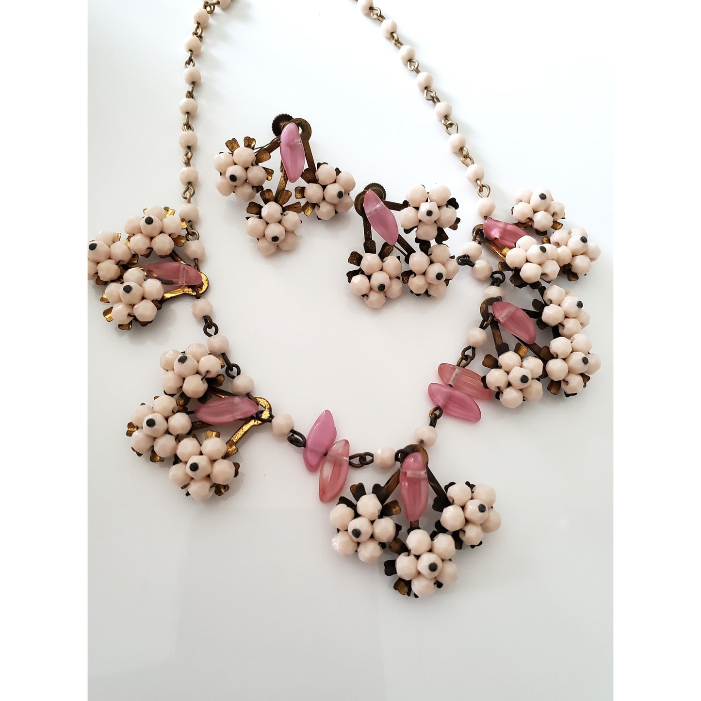 Vintage Light Pink Floral Necklace and Earring Set