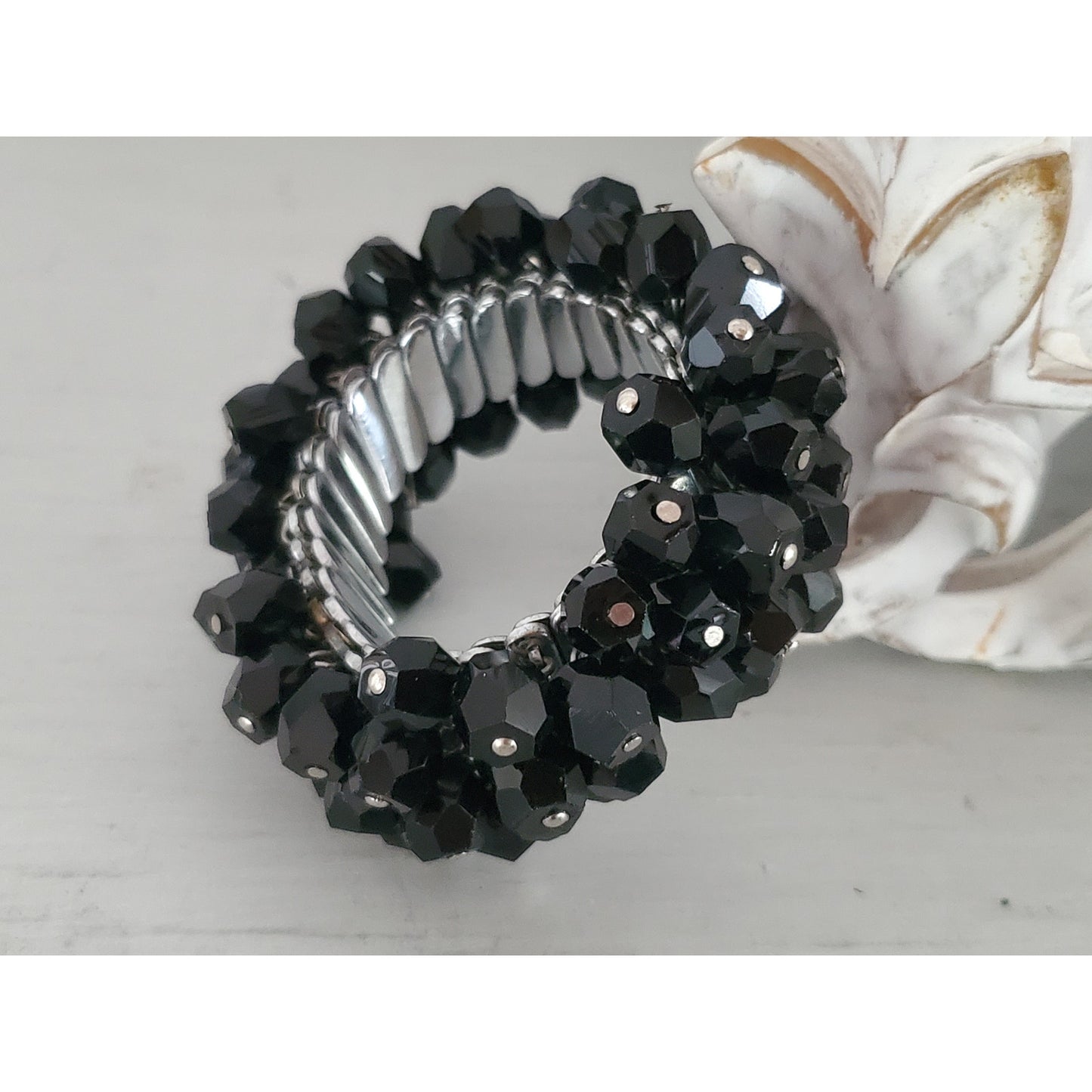 Vintage Jet Black Japan Faceted Bead Bracelet and Earring Set