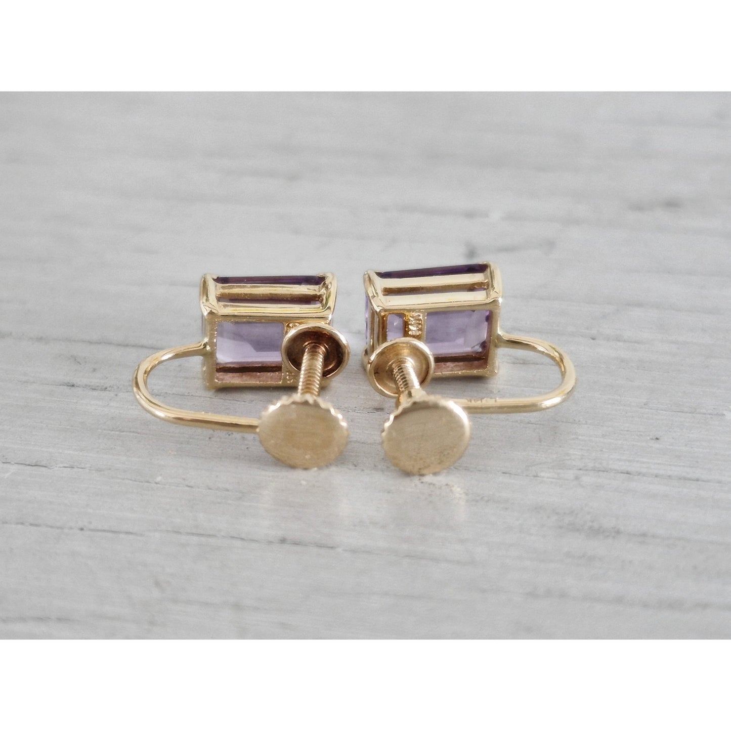 Vintage 14K Gold Amethyst Square Cut Screw On Earrings