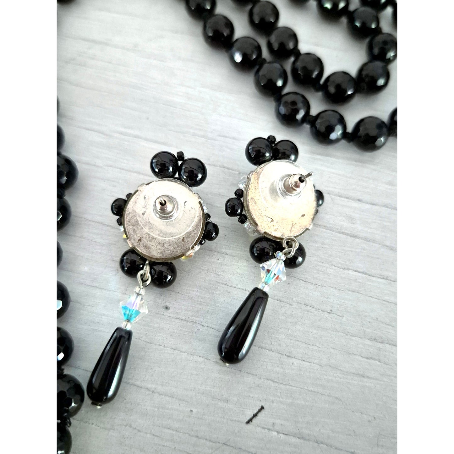 OKIKO Japan Black Bead Hand Knotted Tassel Necklace with Earrings