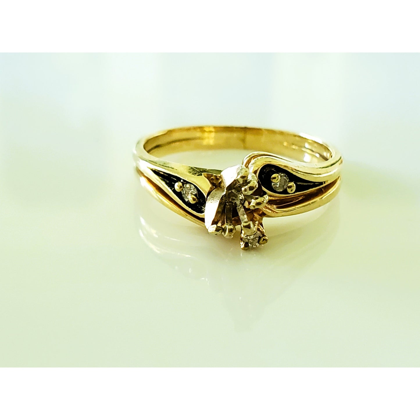 Vintage 14K Gold Black Enamel Diamond Ring Setting