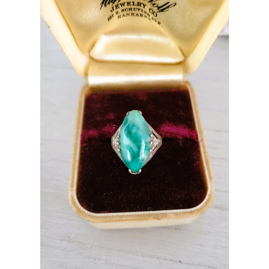 Vintage Sterling Silver FIligree Peking Glass Pinky Ring