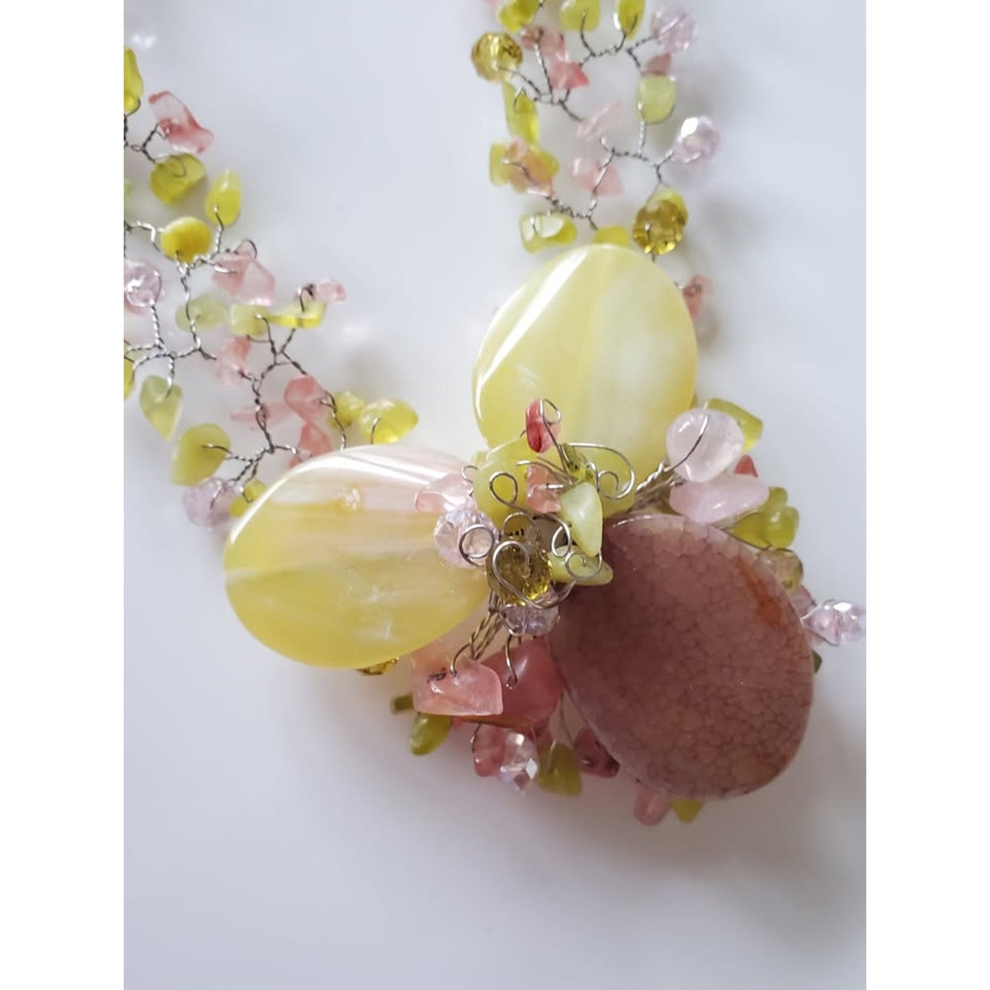 Pink and Yellow Agate Wire Necklace