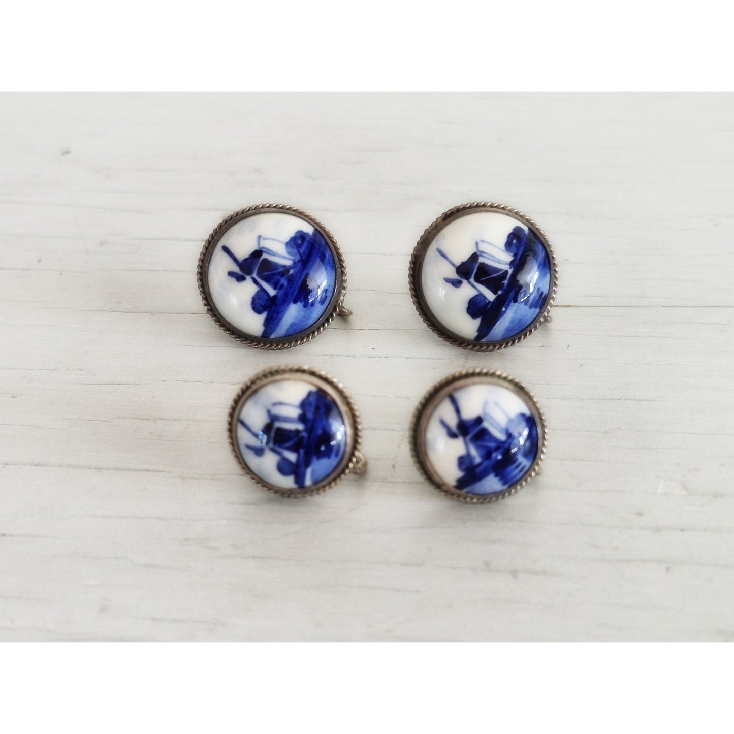 Vintage Delft Dutch Blue White Porcelain Sterling Silver Screw-on Earrings Lot