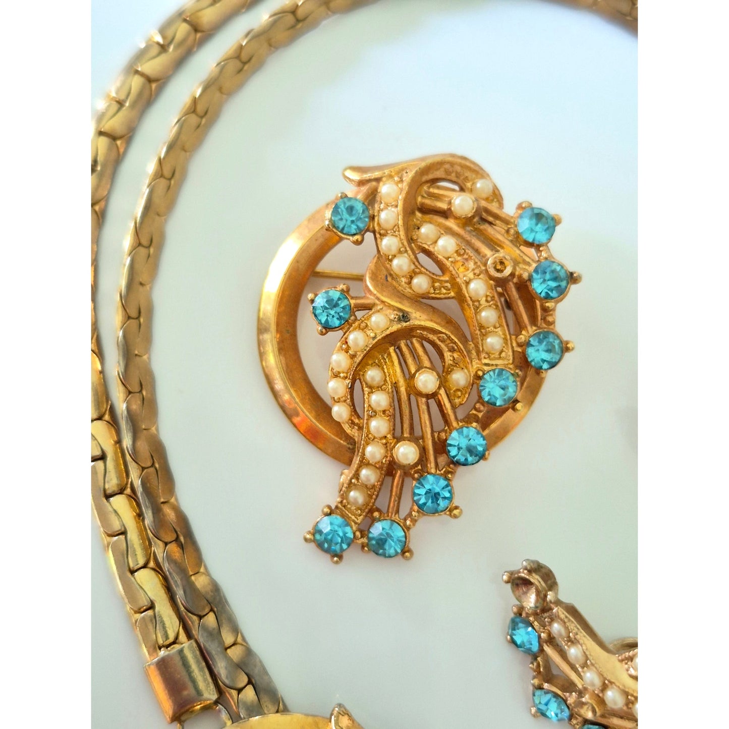 Vintage Demi Parure Rhinestones and Seed Pearls Jewelry Set
