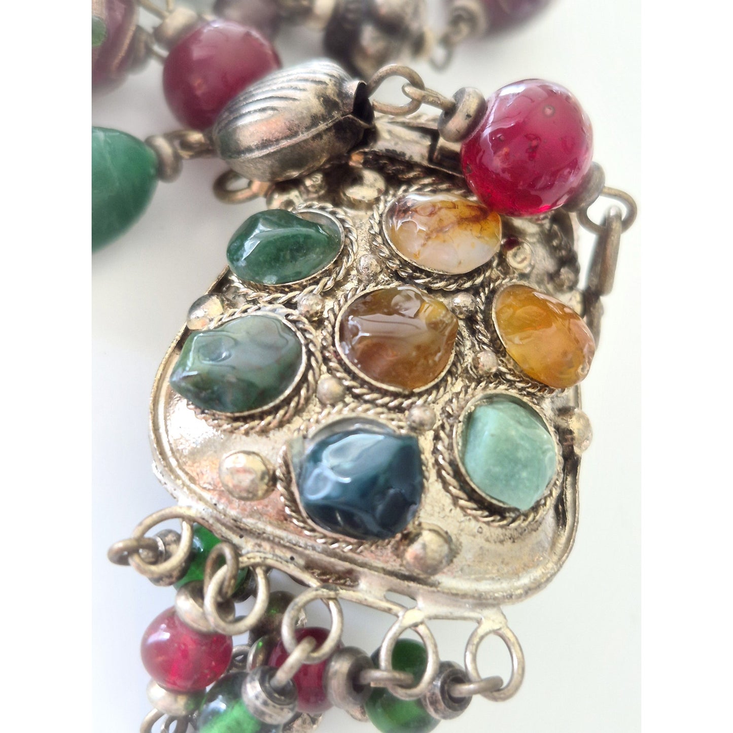 Vintage Tribal Afghan Kuchi Silver-tone Agate Purse Necklace