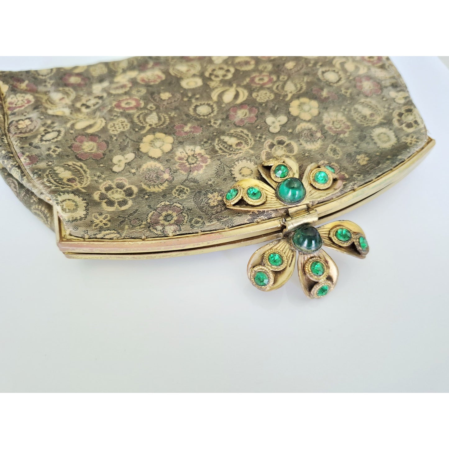 Vintage Antique 1930s Silk Brocade Hand Purse with Green Rhinestones