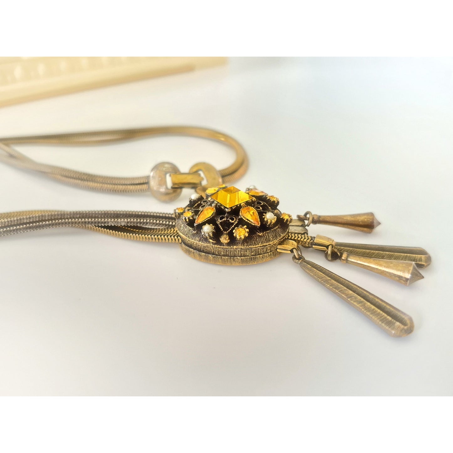 Vintage Mid-Century Yellow Rhinestones and Faux Pearl Bolero Sliding Necklace