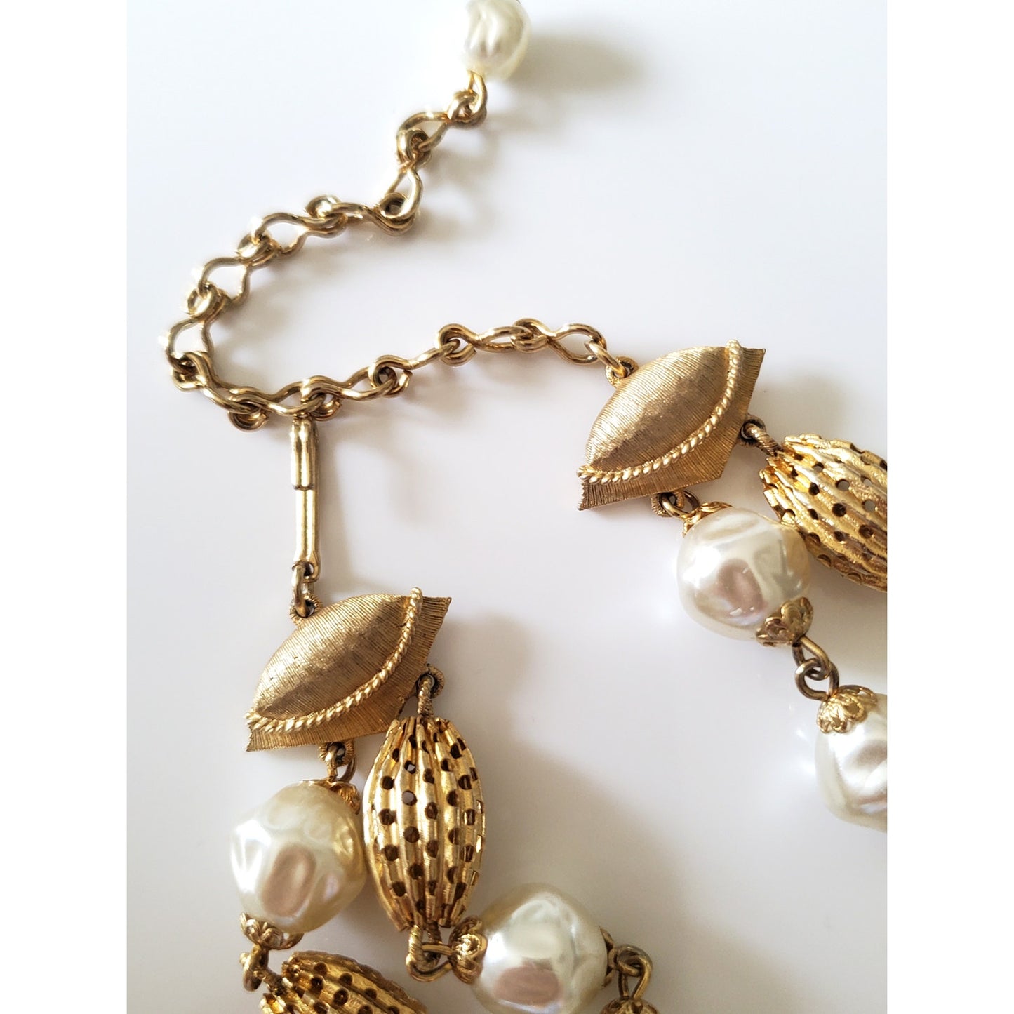 Vintage Double Strand Choker Faux Pearl and Gold Filigree Bead Necklace