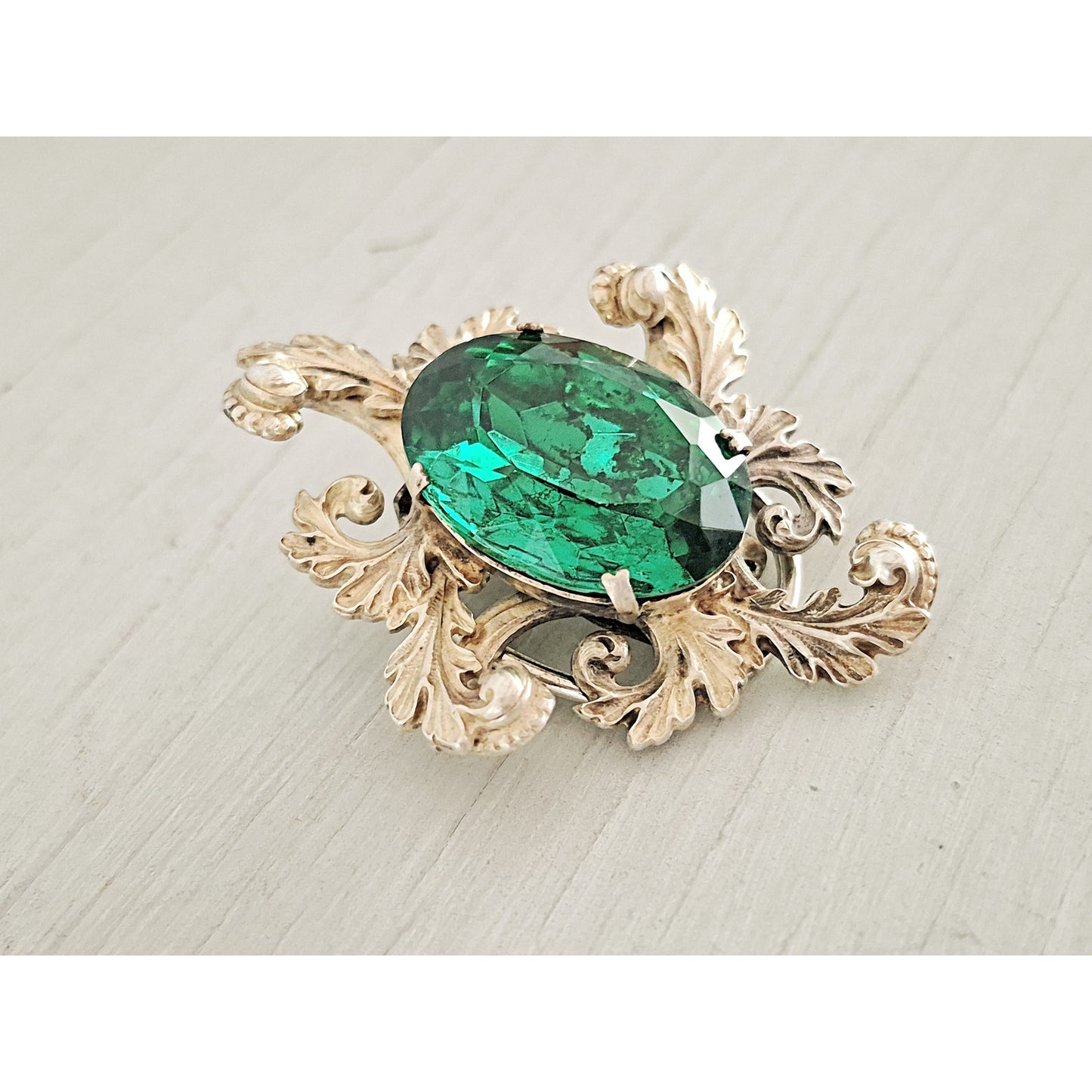 Vintage Brass Large Green Stone Swirl Brooch Clip