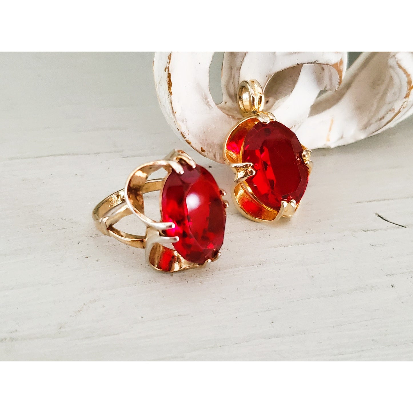 Vintage Gold Plated Red Stone Pendant and Ring Set