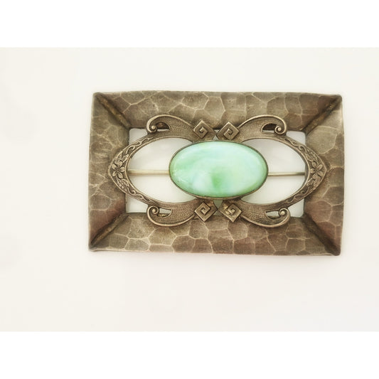 Antique Victorian Peking Green Glass Art Nouveau C-Clasp Brooch