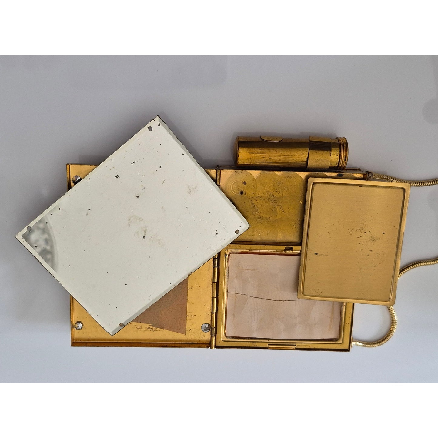 Vintage 1940s Gold-tone Rhinestone Compact Lipstick and Cigarette Case Purse