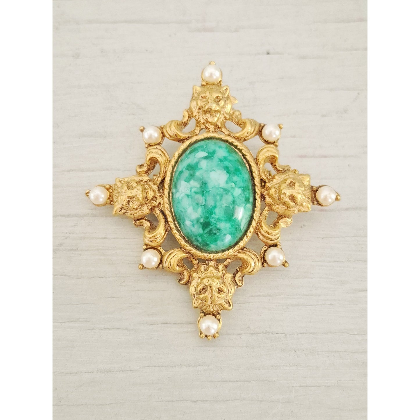 Faux Jade and Pearl Gold-tone Brooch