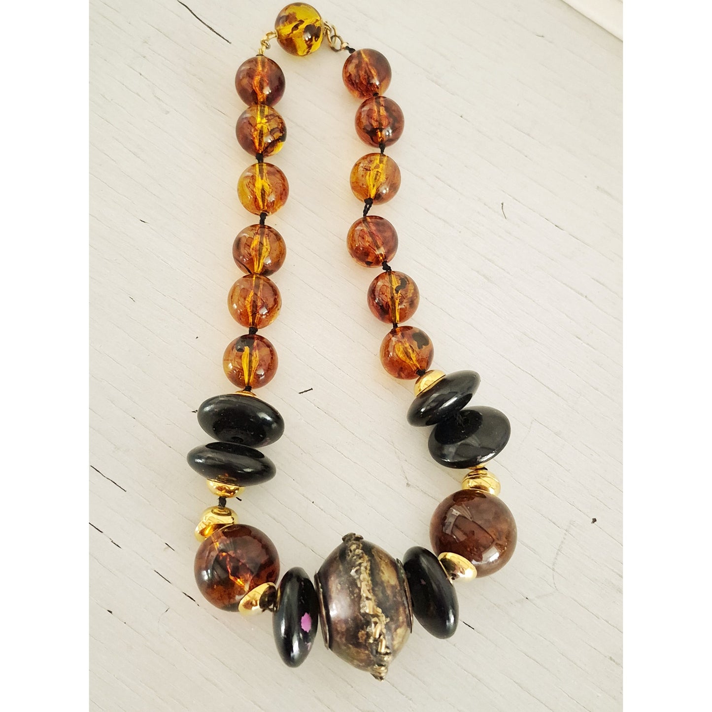 Vintage Les Bernard Designer Chunky Amber Brass Bead Necklace