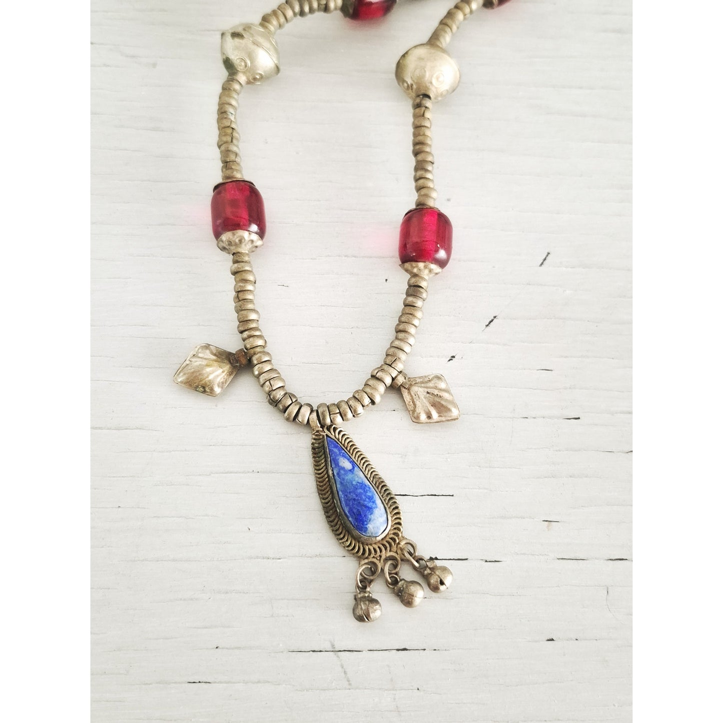 Vintage Turkoman Afghan Lapis Luzli Pendant and Cherry Amber Bead Necklace