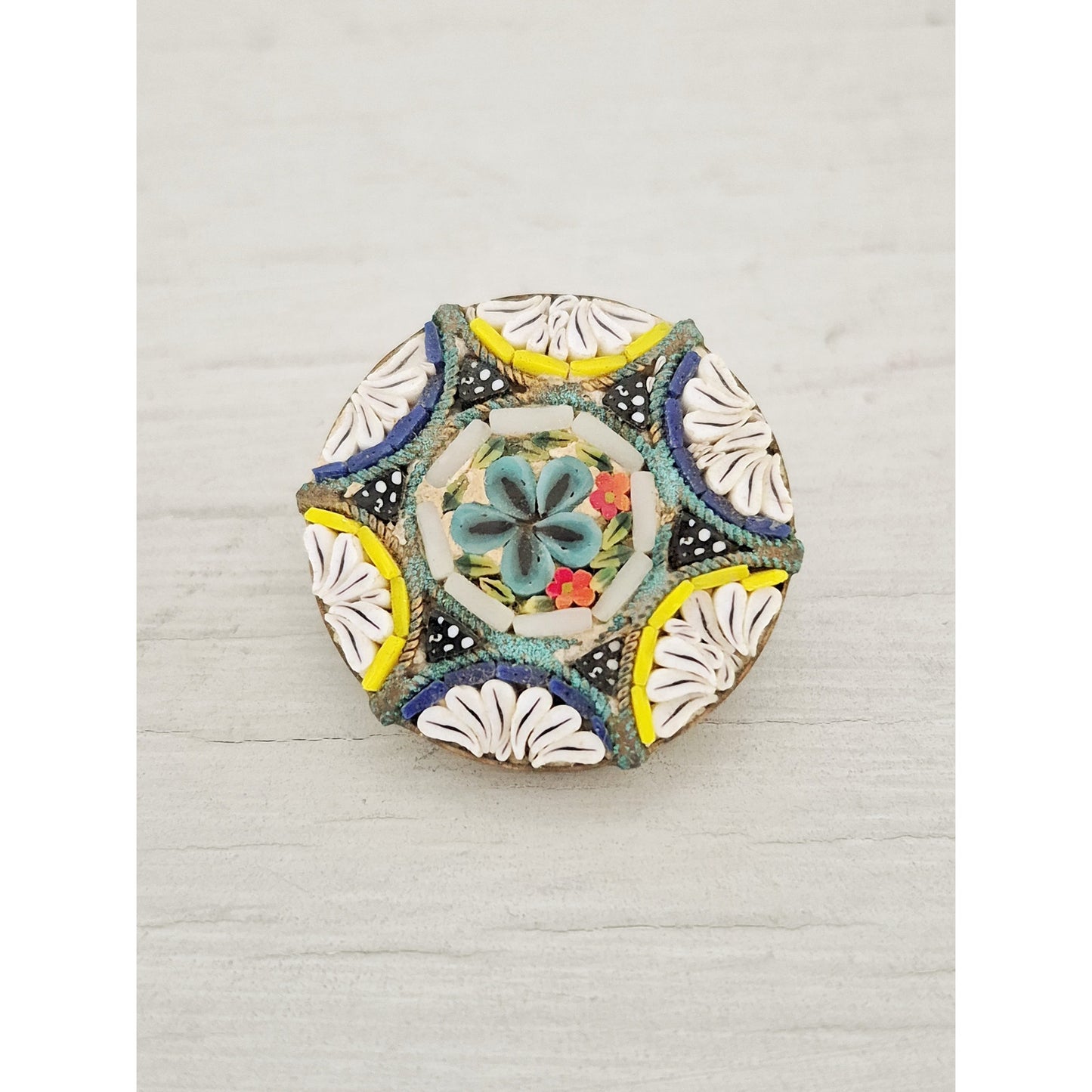 Vintage Antique C-Clasp White and Blue Micro Mosaic Tile Brooch Pin